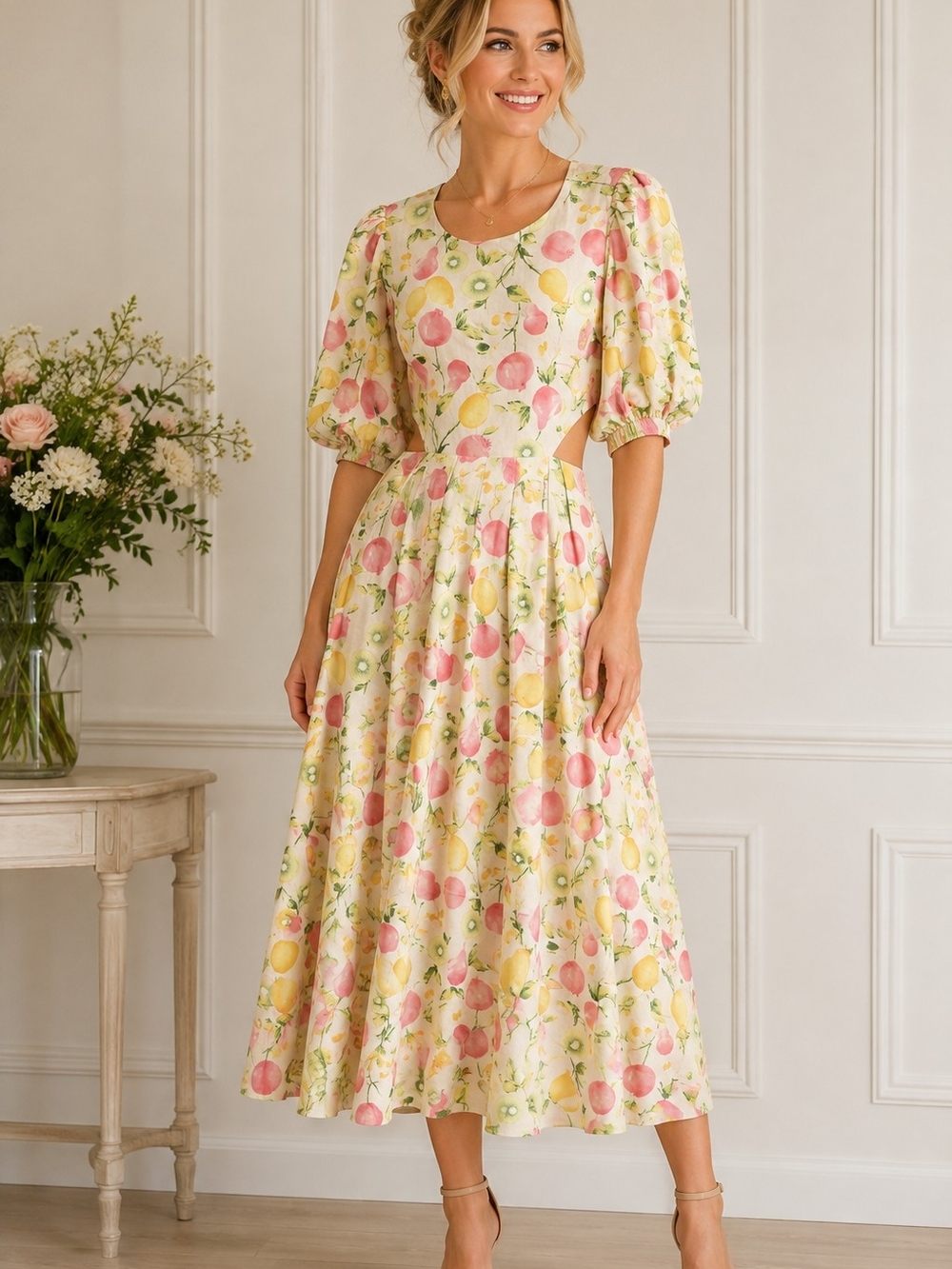 En Saison Pastel Yellow and Pink Floral Midi Dress